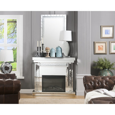 Foyer électrique à DEL avec miroir et faux cristaux avec cadre biseauté et incrustation de cristal en verre transparent, écran tactile / télécommande, température réglable, minuterie, fonction seulement, l 26 po x H 18 po