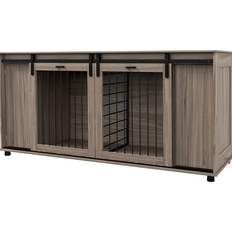 71" Walnut Dog Crate Furniture With Removable Partition For 2 Small Dogs/1 Large Dog, Storage & Double Sliding Doors Table Kennel Furniture, Barrier Different Sized Dogs