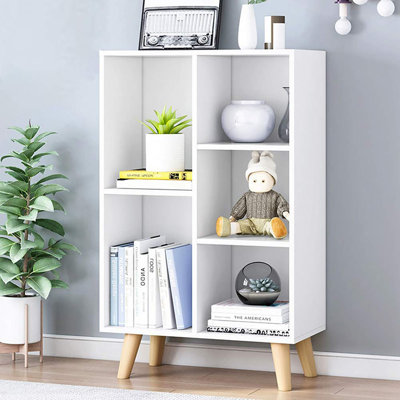 Bibliothèque à 3 niveaux avec tablette ouverte en bois avec pieds, 5 cubes et rangement en un