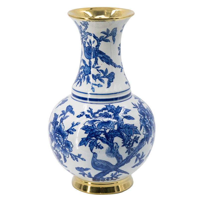 D9.5x16" Blue and White Chinoiserie Flower vase with Gold Accents