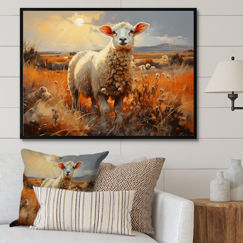 «Sheep In Sunlight I» sur toile, H 16 po x l 32 po x P 1 po, Cadre flottant noir