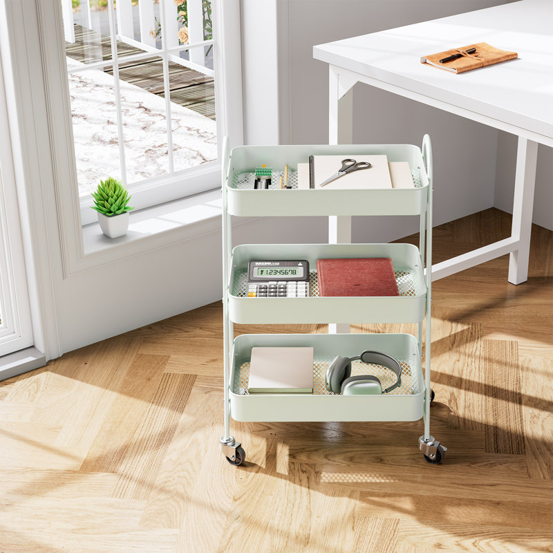 3-Tier Rolling Utility Cart with Locking Wheels, Metal Storage Organizer, Green