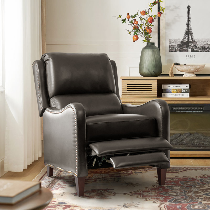 Beecher Traditional 28.75" Wide Genuine Leather Manual Club Recliner with Solid Wood Legs, Cocoa Full Grain Leather