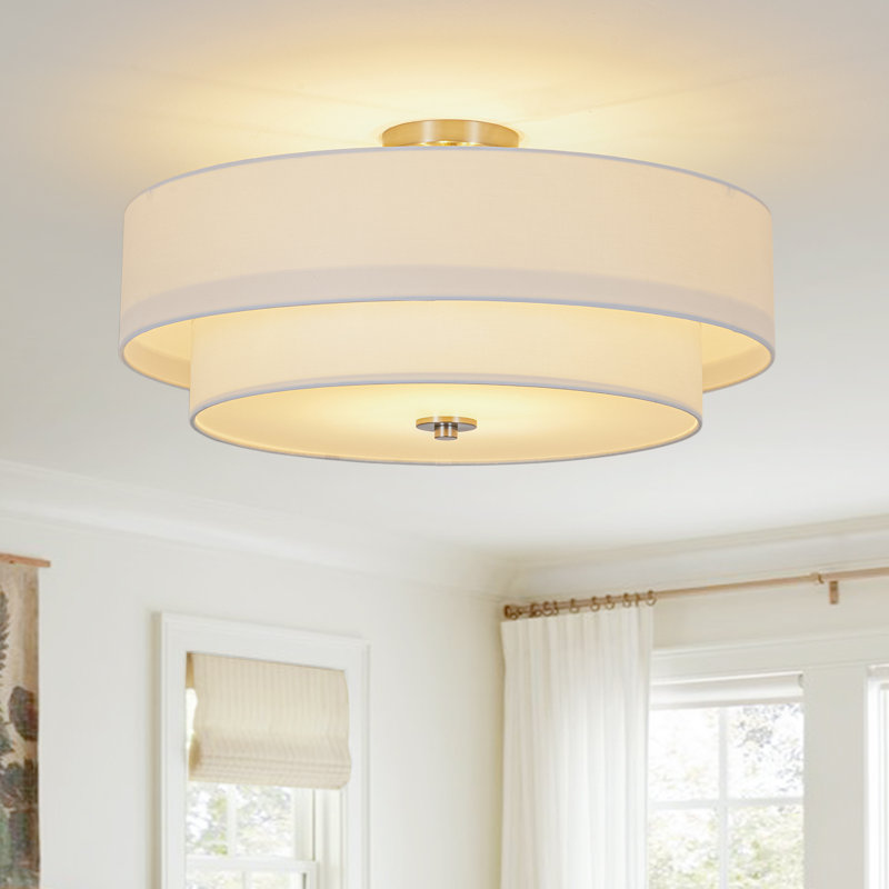 4 - Light Tiered Linen Round Fabric Drum Semi Flush Mount, Nickel