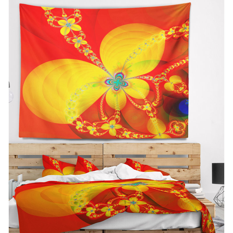 Tapisserie à motif fractal jaune couleur rouge floral, H 32 po x l 39 po