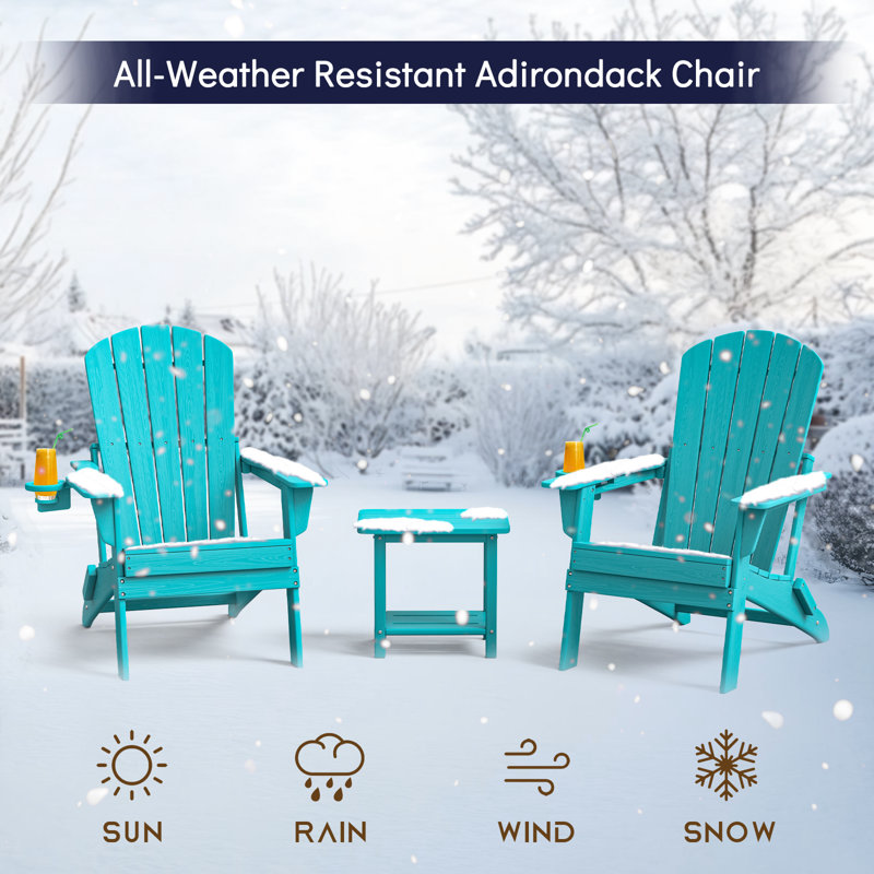 Folding Adirondack Chair, Wood Texture, Cup Holder, All-Weather HDPE for Poolside/Lawn, Aruba Blue, Aruba Blue