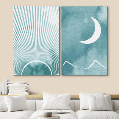 Aquarelle, rayons du soleil brillants et croissant de lune, art abstrait sur toile, 2 pièces