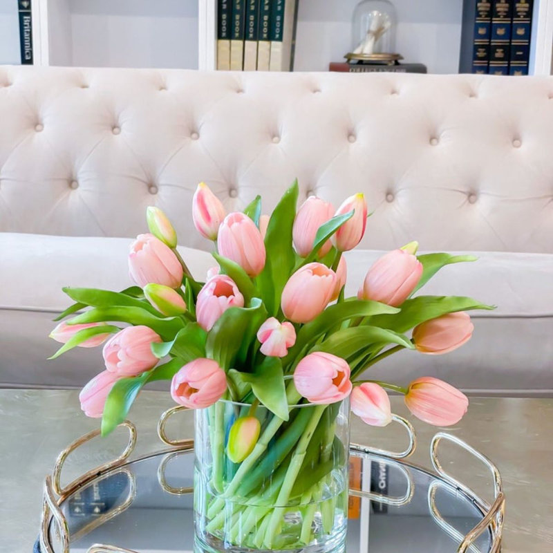Real Touch Faux Tulip Arrangement In Glass Vase, Pink