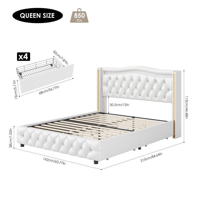 Areyon Upholstered Wingback Storage Bed, White, Queen