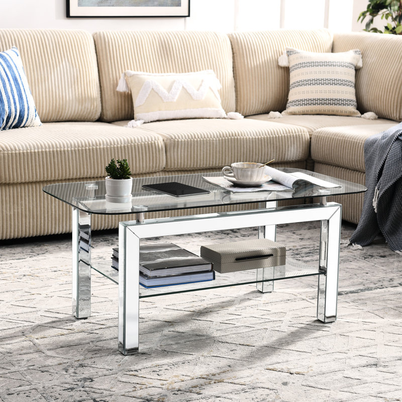Rectangular Glass Coffee Table With Mirrored Legs And Sleek Appearance Oval Tempered Practical Storage Feature