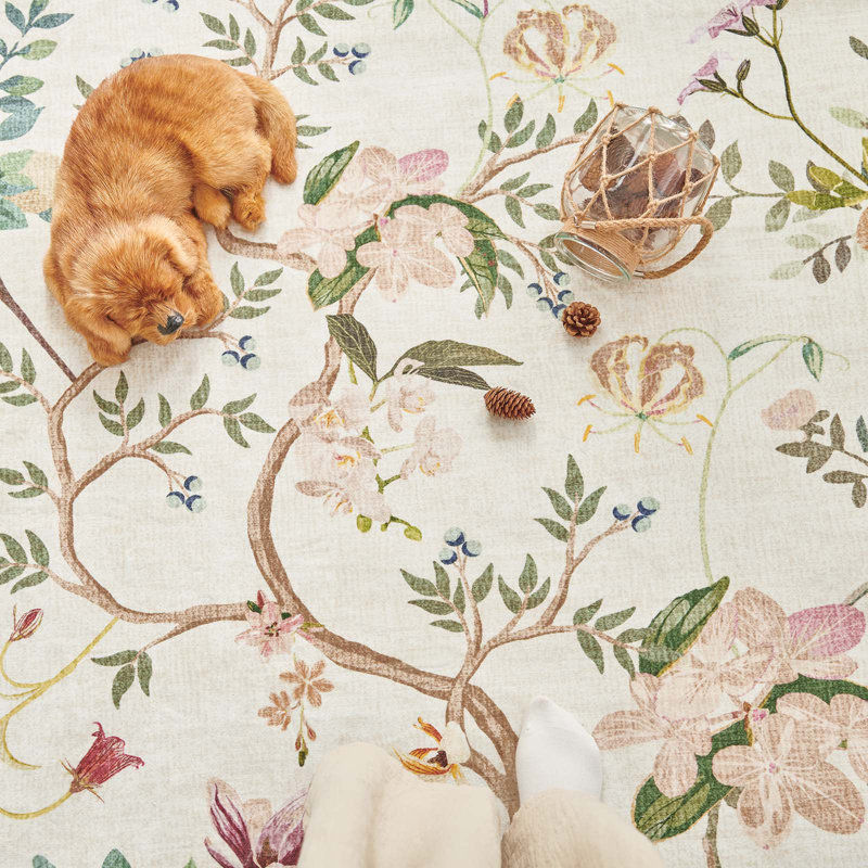 Chinoiserie Vintage Floral Rug Washable Non-slip Beige/Blue, Runner 2' x 6', Beige/Blue