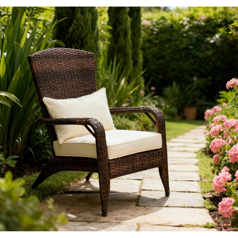 Chair With Rattan Wicker, Soft Cushions, Tall Curved Backrest
