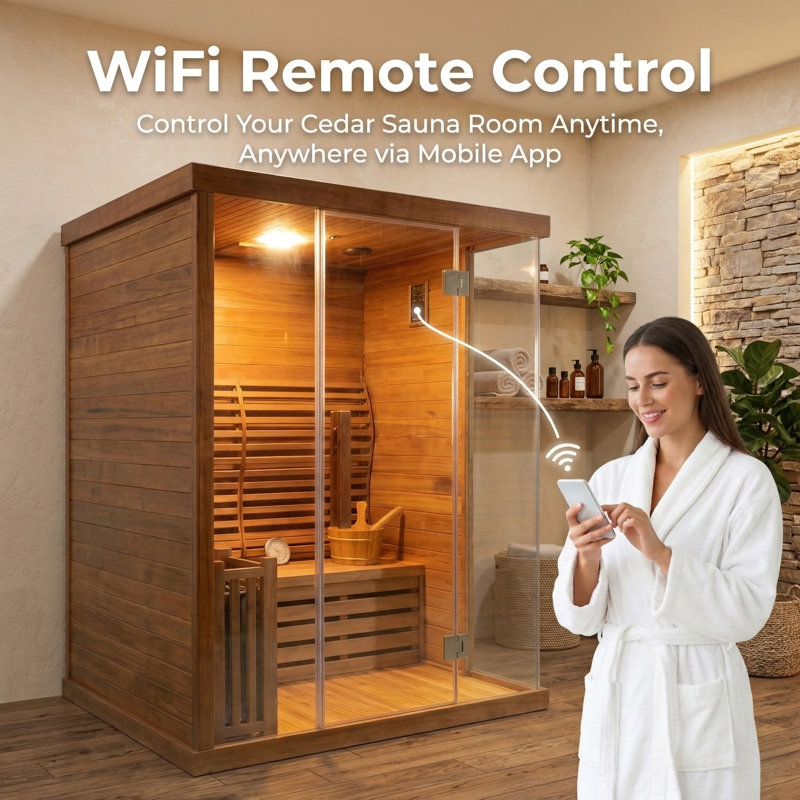2-3 Person Wooden Steam Sauna Room, Red Cedar Luxurious Indoor Sona House with 6 KW Harvia Heater, Wi-Fi Controller, Bluetooth Speaker, Wooden Bucket, Scoop, Reading Light, 220V