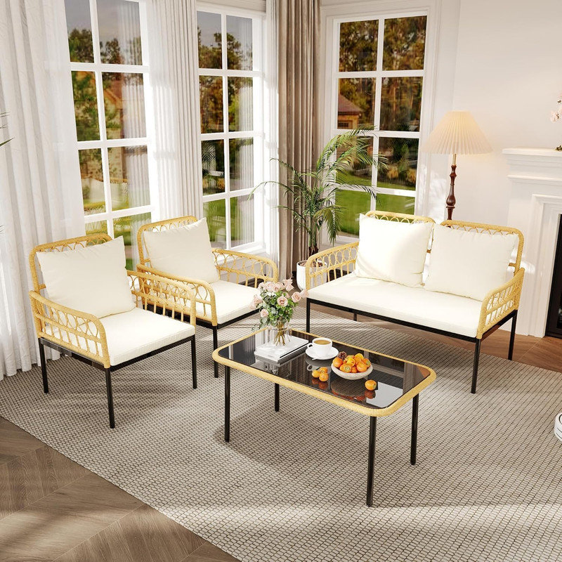 Ensemble de patio d'extérieur en osier 4 pièces, canapé modulaire en L avec table et coussins amovibles