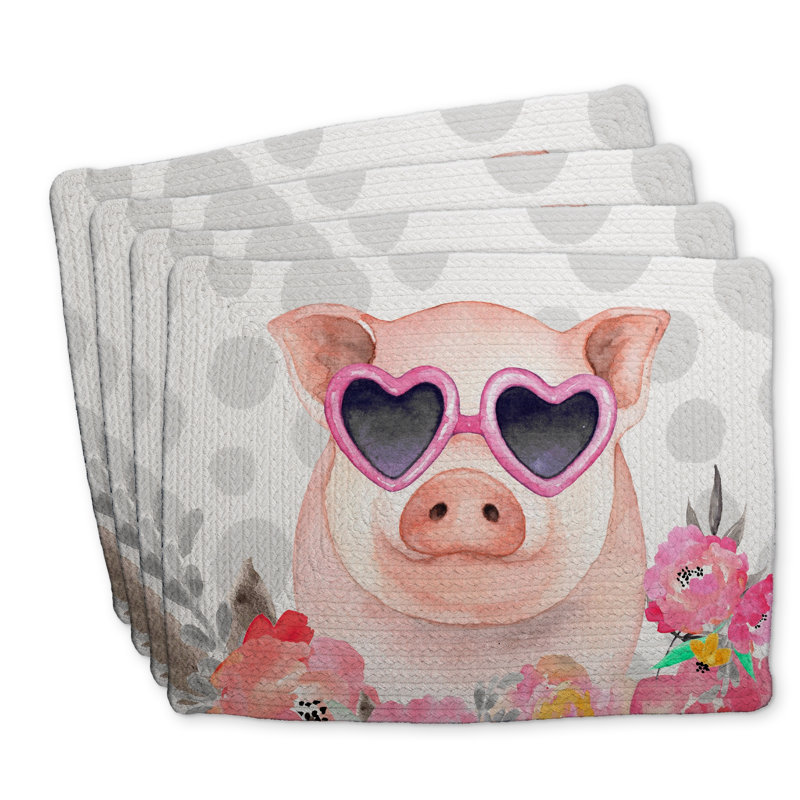 Ensemble de 4 napperons en polyester tressé - décor petit cochon amoureux