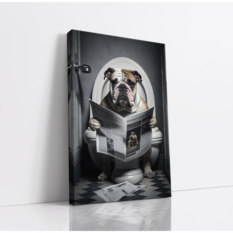 Bulldog Sat On Toilet Reading Newspaper - Wrapped Canvas Print