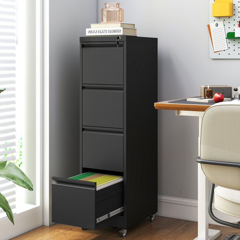 Classeur vertical en métal à 4 tiroirs verrouillables Abheek Makeace 15,2 po L avec roulettes – Classeur robuste pour bureau à domicile, assemblage requis