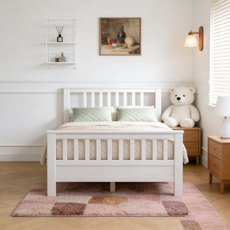 Lit plateforme en bois avec tête et pied de lit, Lit double
