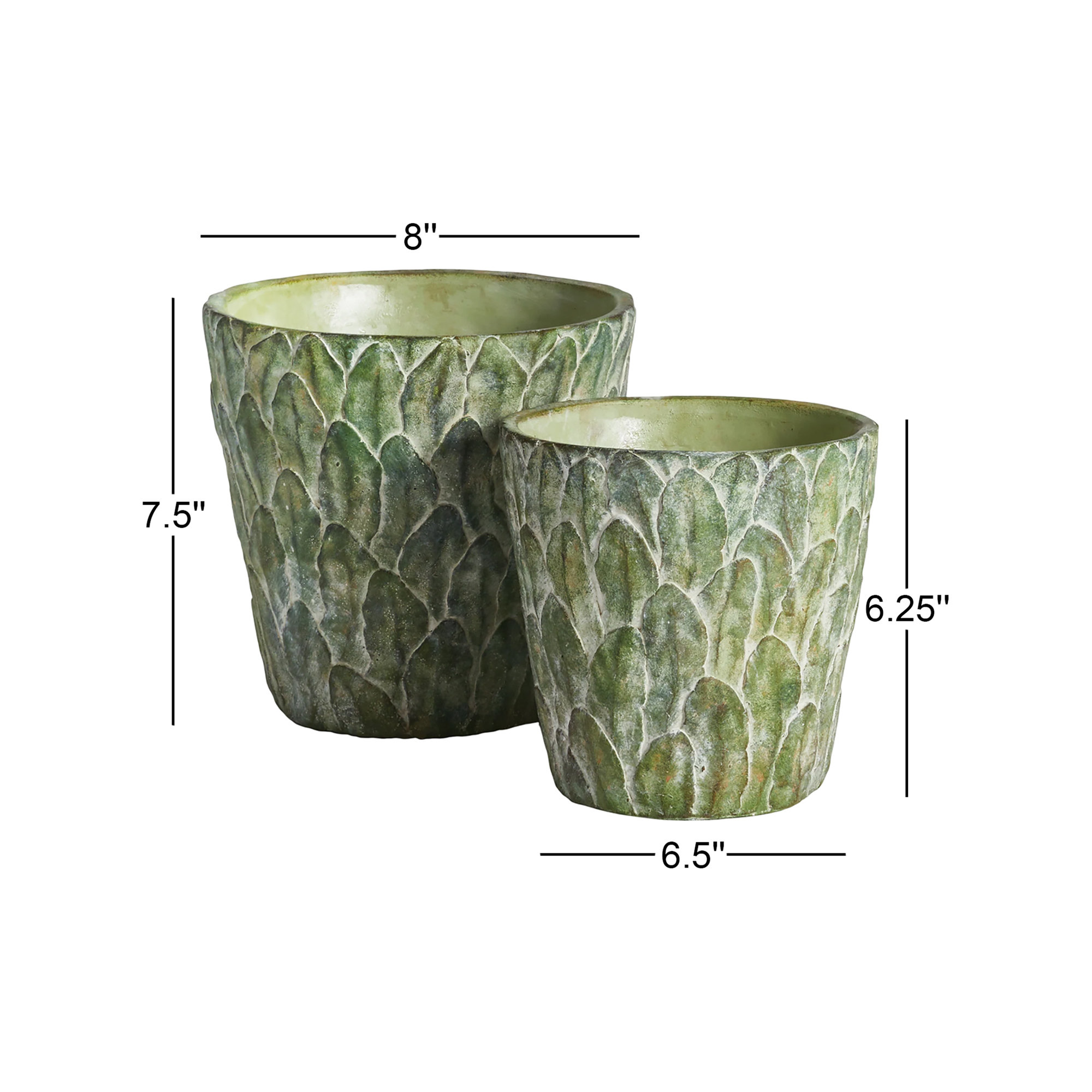 Fino Concrete Leaf-Embossed Pots in Moss, Set of 2