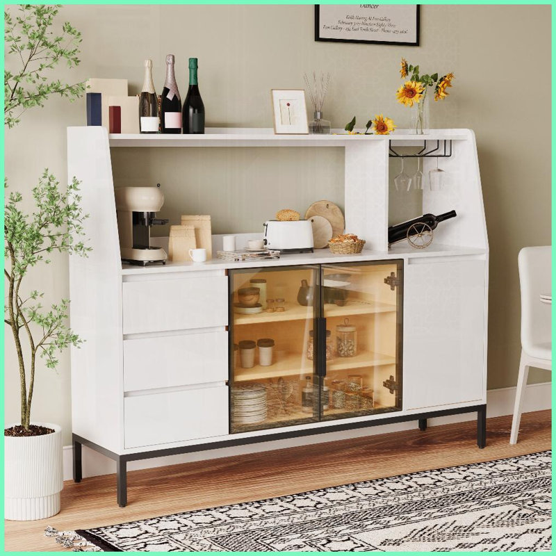 Table basse multifonctionnelle avec 3 tiroirs Porte vitrée, grand rangement pour verres à vin et amp; Décoration dans le salon