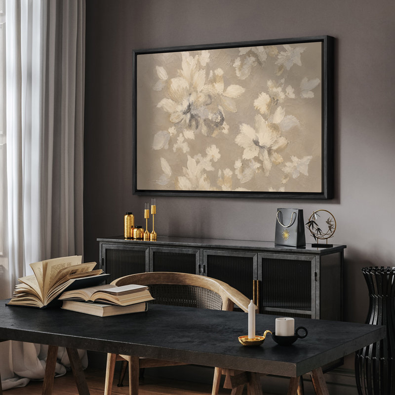 Beige ivoire floral, art botanique neutre, impression encadrée pour chambre à coucher, H 24 po x l 36 po, Black