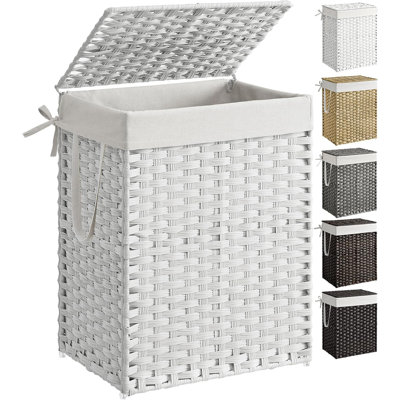 Panier à linge avec couvercle, panier à linge en rotin synthétique de 23,8 gallons (90 L) avec couvercle et poignées, doublure amovible et pliable, blanc neige