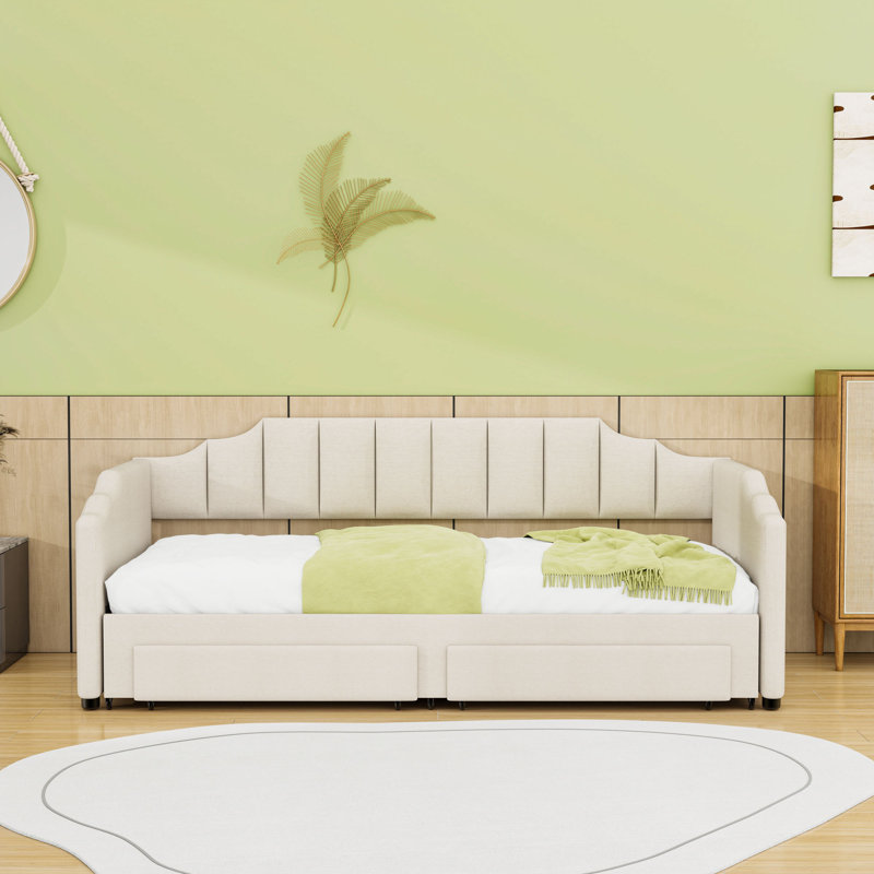 Twin XL Extendable Upholstered Daybed with Trundle, LED Light and Storage Drawers, Beige