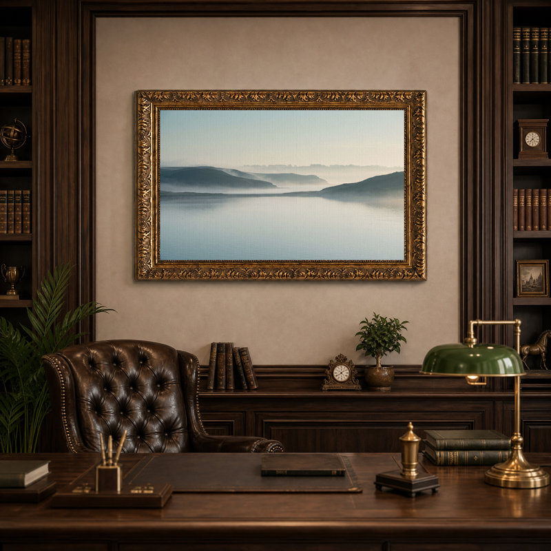 Tableau sur toile « Collines brumeuses et reflets d'eau calme », 16"H x 24"W