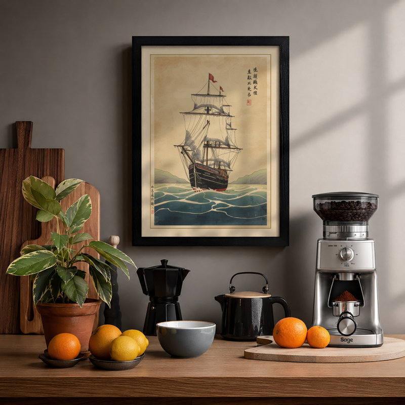 Sailing Ship At Seas Japandi - Print, A2 - 59.4 x 42.0 cm, Black