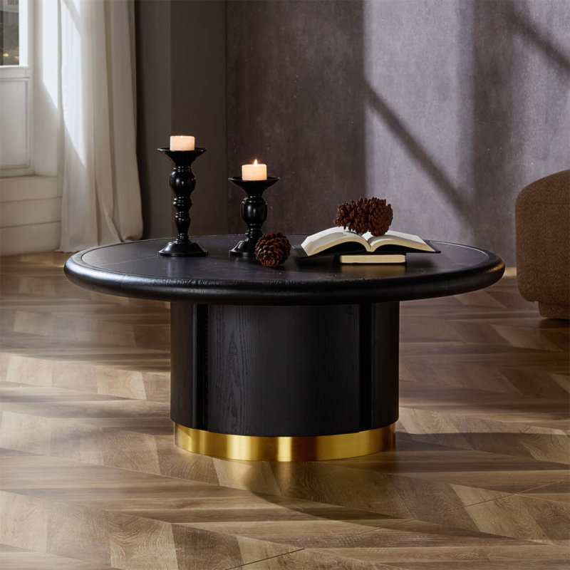 Table basse ronde en pierre frittée de 35,43 pouces avec piédestal en panneau de fibres à densité moyenne et acier inoxydable, idéale pour le salon et le bureau