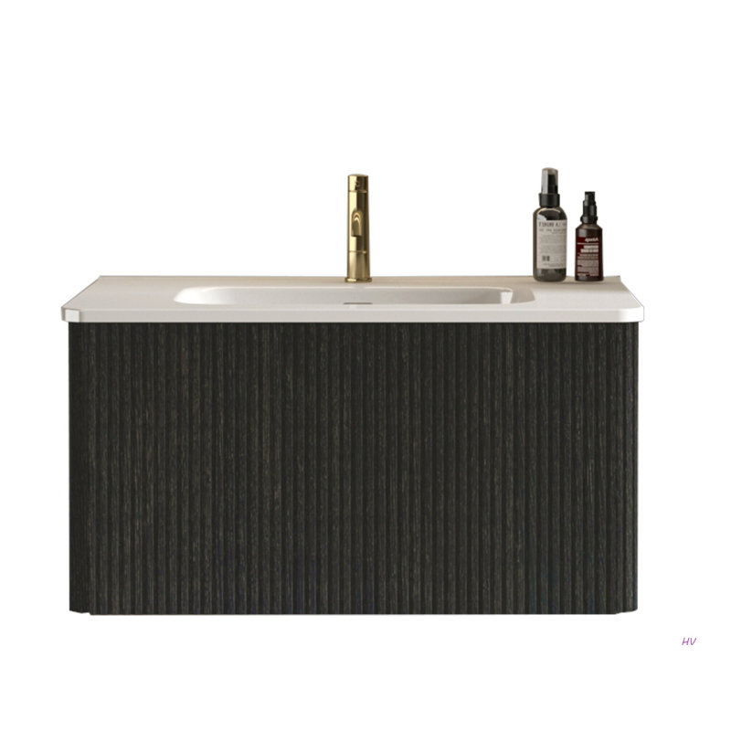 Meuble-lavabo flottant rayé 30 po avec lavabo en céramique, meuble-lavabo une pièce sans drain, pré-assemblé, 30", Noir