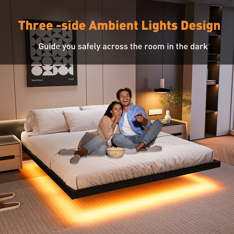 Full Size Black Metal Floating Bed Frame with LED Lights