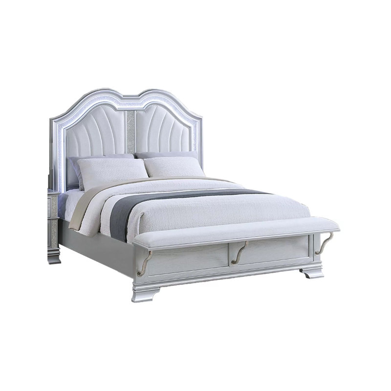 Lit double Mody avec DEL, banc de pied de lit, revêtement en tissu argenté, gris