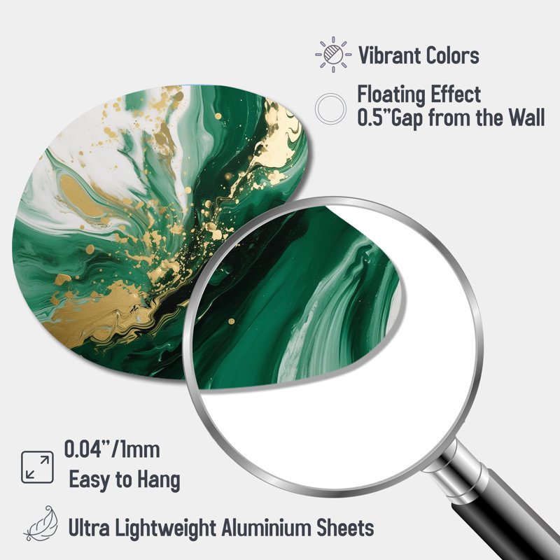 «Green and Gold Serene Cascade III», art mural asymétrique abstrait en métal, forme irrégulière verte, H 27 po x l 27 po