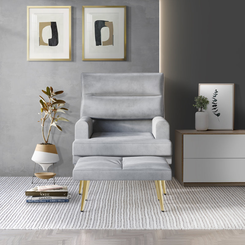 Laureat Upholstered Armchair and Ottoman, Silver Gray Velvet