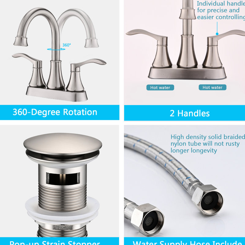 4 Inches Bathroom Faucet - Brushed Nickel, 360 Swivel Spout With Pop Up Drain, Metal, , Rustproof, Water Saving Technology, Smooth Operation, 2 Handles Nickel Sink , Rotatable Material, Feature,