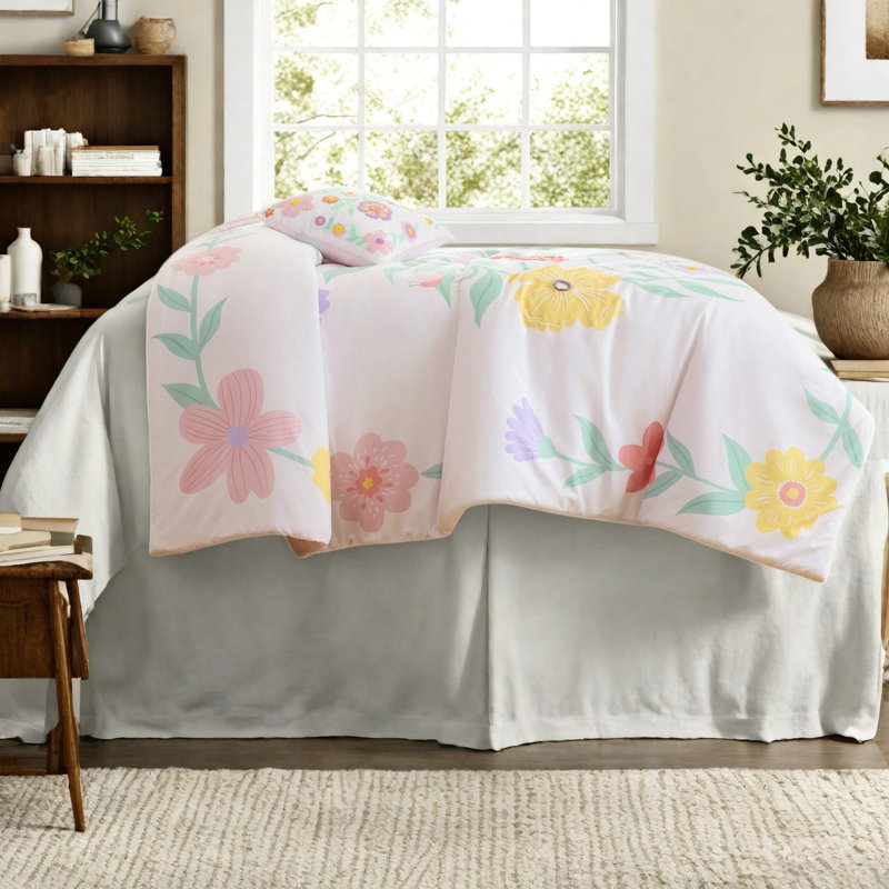 Ensembles de literie pour grand lit à motif floral, ensemble d'édredon en microfibre rose pour filles