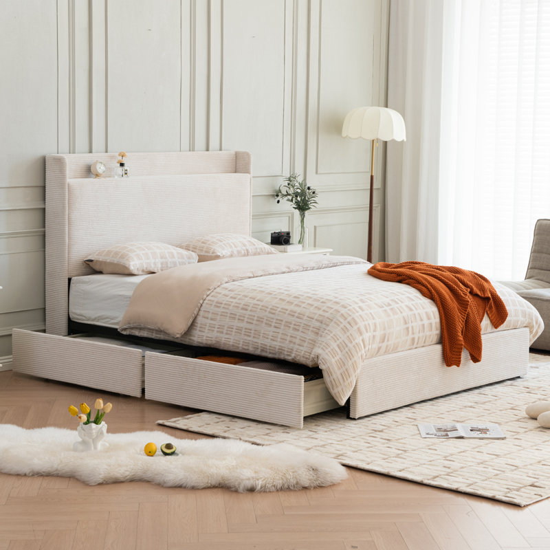 Lit plateforme tapissier avec 4 tiroirs de rangement et tête de lit, Crème, Grand