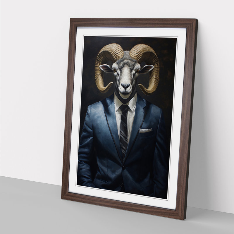 Ram Sheep In A Suit Painting - Single Picture Frame Print on Wood, Walnut Framed, 64cm H x 46cm W