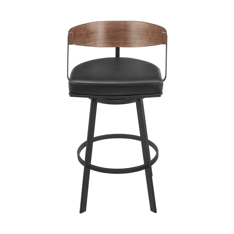 Tabouret de bar ou de bar Ahzhane, Cuir noir / cadre brun, Tabouret de comptoir (siège d'une hauteur de 26 p