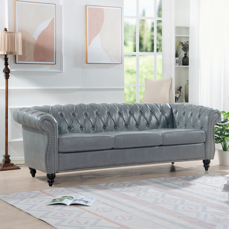 Arlen 84.65'' Faux Leather Rolled Arm Sofa,Nailheads,couch, Gray Faux Leather