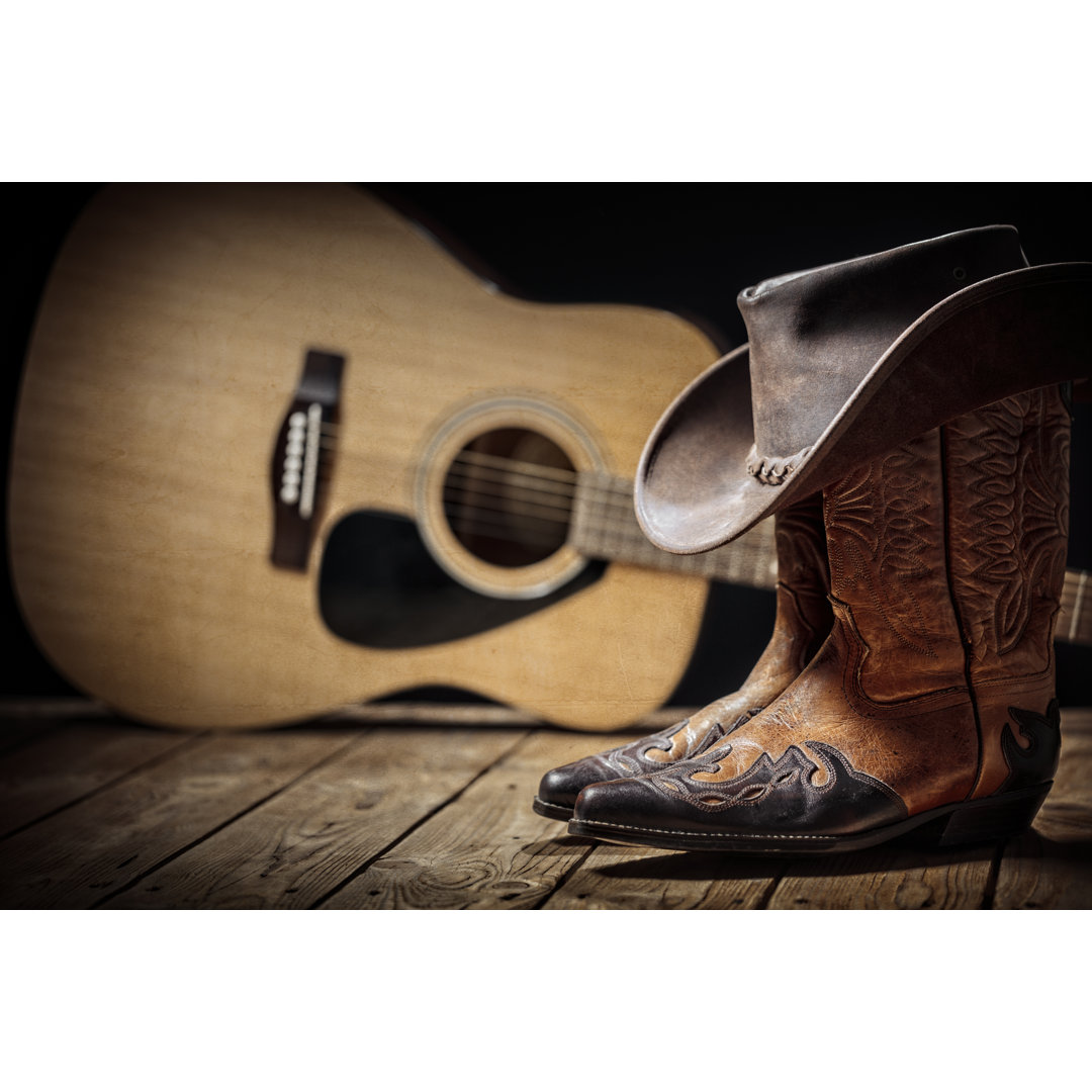 Leinwandbild Akustische Gitarre, Cowboyhut und Stiefel