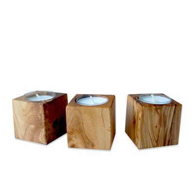 3-tlg. Teelichthalter-Set aus Olivenholz