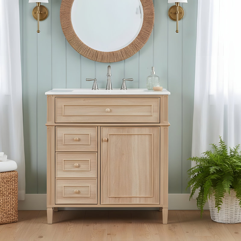 Meuble-lavabo en bois avec tiroirs rabattables, Bois clair, Bois clair
