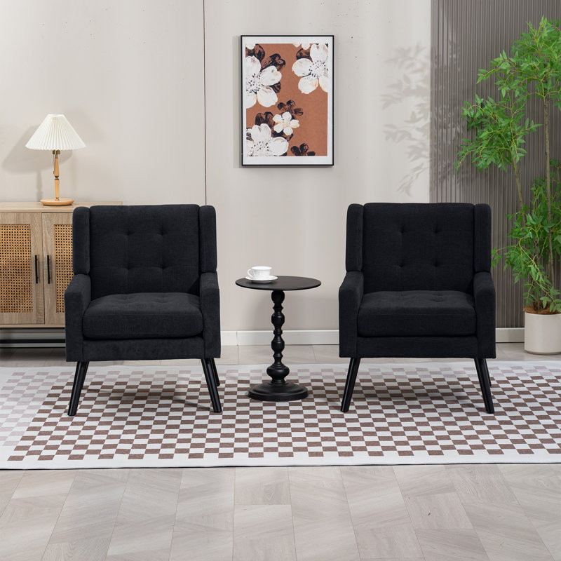 26.77" Mid-Century Modern Accent Chair With Linen Upholstery, Tufted Back And Black Solid Wood Legs(Set Of 2), Black