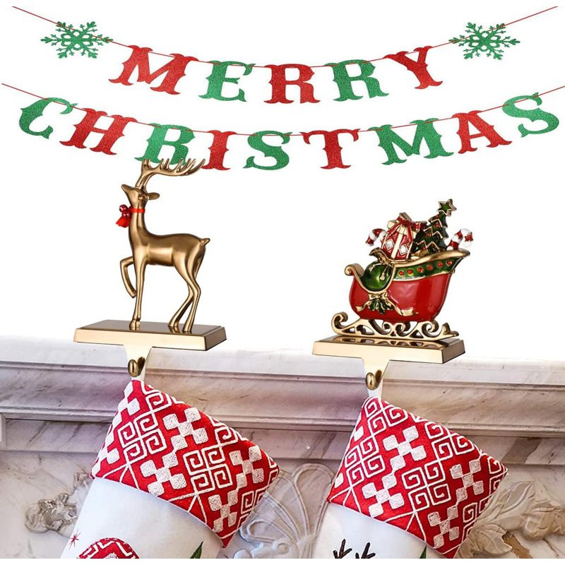 Antique Gold Reindeer and Santa Sleigh Stocking Holders Set