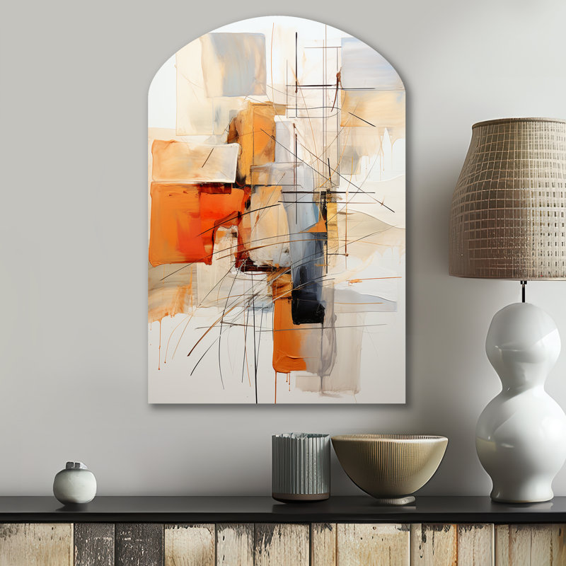 Orange orange et gris, art abstrait abstrait - impression de sculpture murale en métal asymétrique, H 34 po x l 25 po