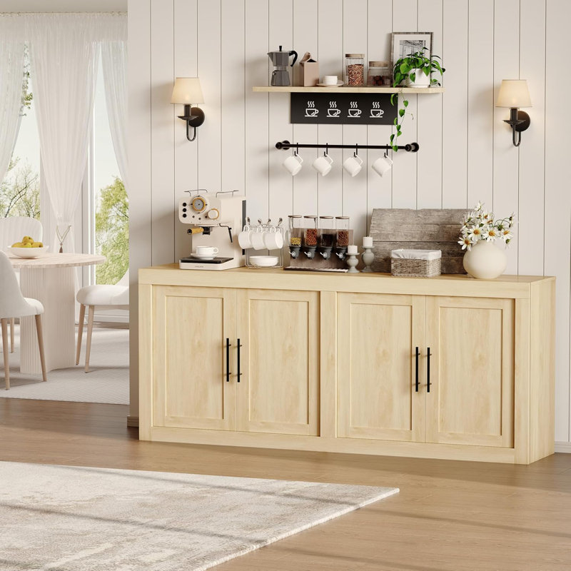 Buffet 70,8 po Mid-Century avec 4 portes en bois et rangement modulaire, Naturel