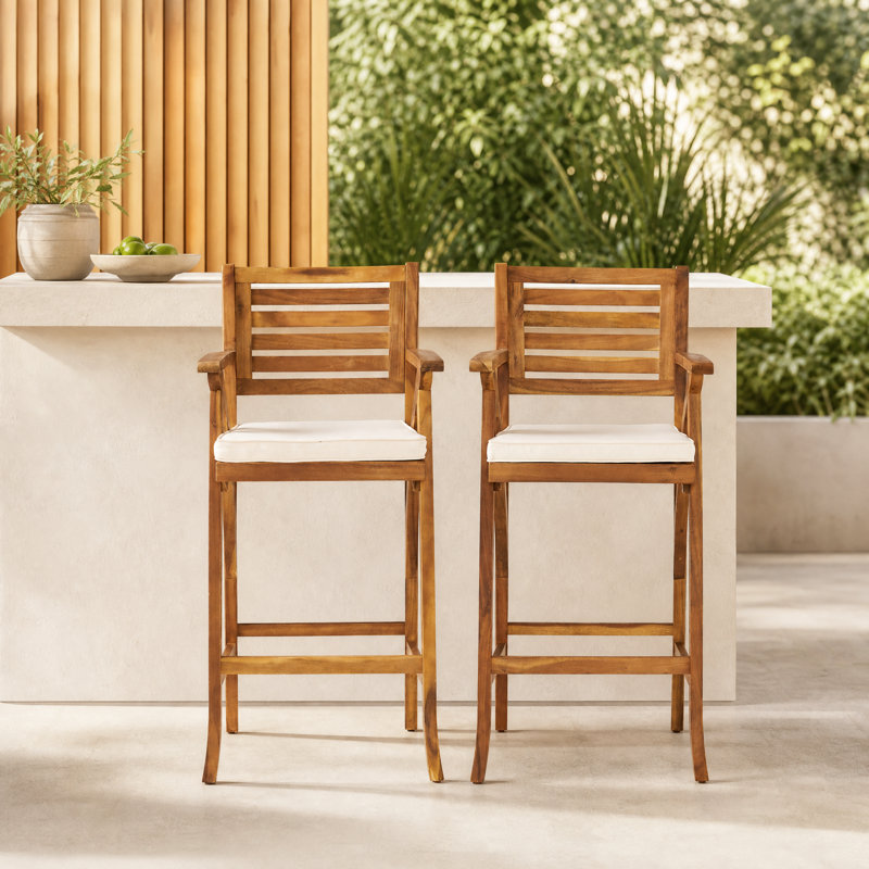 Tabourets de bar d'extérieur en bois d'acacia avec coussin, ensemble de 2