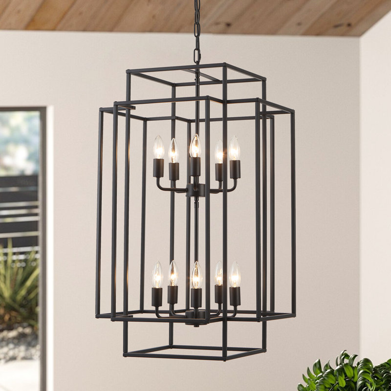 2-Tiers Large 10- Light Dimmable Farmhouse Lantern Square/Rectangle Chandelier, 30.71" H x 19" W x 19" D, Matte Black